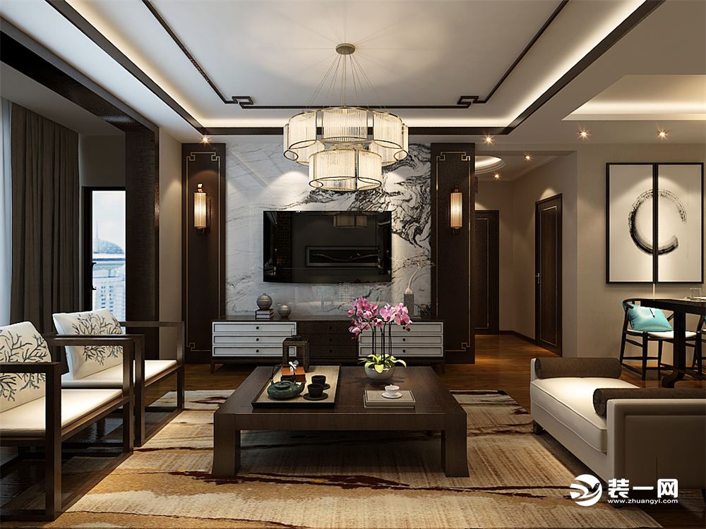 客厅儒雅大气，规整大方，选用硬木框架与布艺软装的沙发，稳重简洁，低调的展现出其高端品质。