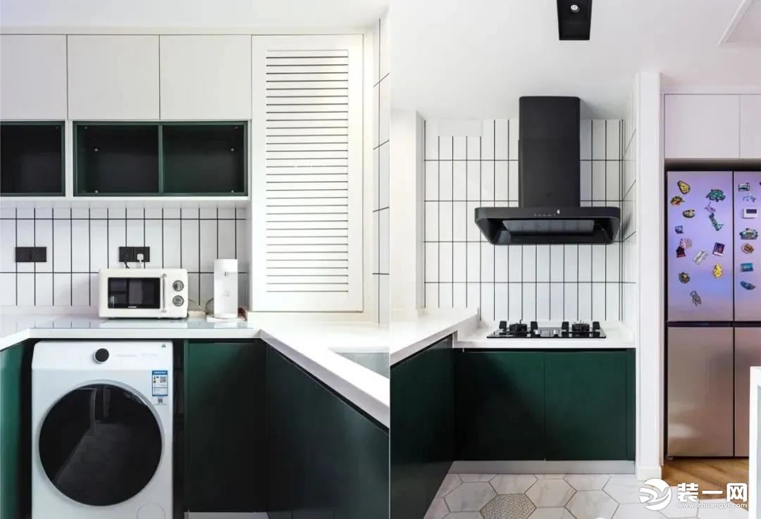 5深绿色的按压式橱柜门和白色的厨房台面，搭配起来复古又清新。备菜区和炒菜区做了高低台的设计，再也不用