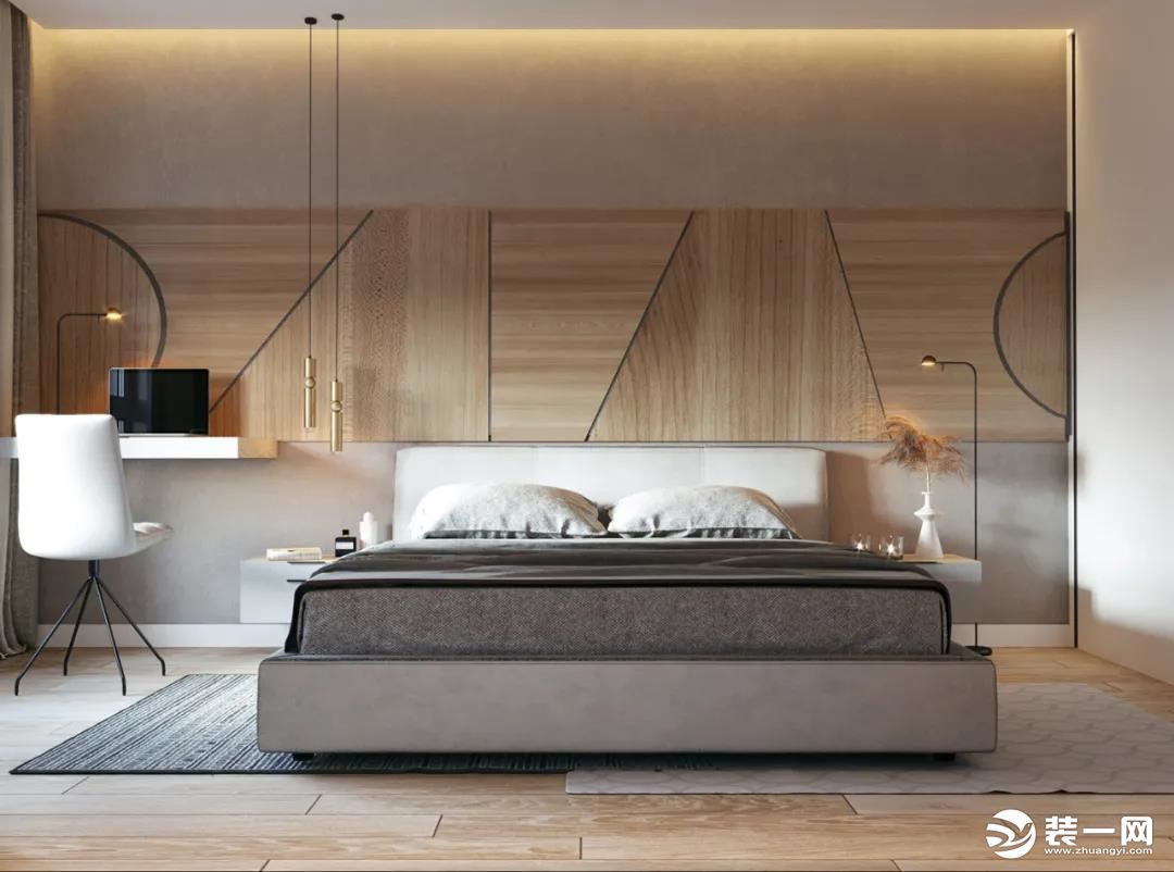 3温暖的木材和柔和的灰色二重奏，尤其是在卧室中。设计了两种类型的灯-隐藏式LED条和架空线性灯具。
