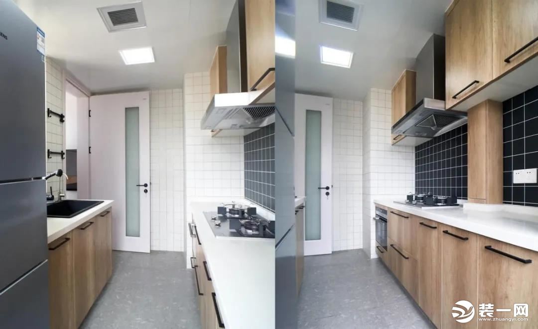 4厨房内部是二字形的布局样式，原本厨房小到冰箱都塞不下，后来设计师重新划分了厨房与阳台比例，扩大了
