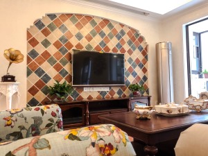 电视背景墙选用了方块状的彩色仿古砖，美式风情浓郁，也是一道好看的室内风景。 花鸟装饰的沙发.