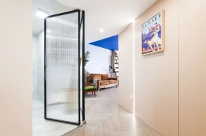 入户玄关呈几何形的长廊形式，长虹玻璃的利用，既确保了室内隐私性，也让空间更加通透明亮。