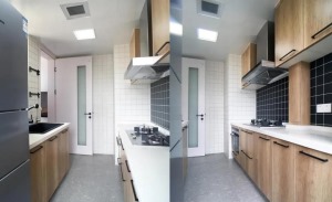 4厨房内部是二字形的布局样式，原本厨房小到冰箱都塞不下，后来设计师重新划分了厨房与阳台比例，扩大了