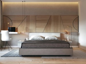 温暖的木材和柔和的灰色二重奏，尤其是在卧室中。设计了两种类型的灯-隐藏式LED条和架空线性灯具。