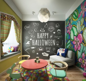 休闲室的彩色搭配，感觉活力十足，彩色的手绘墙，视觉的冲击感