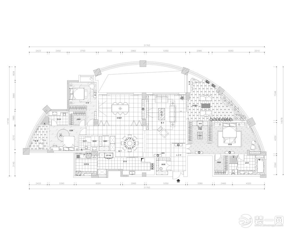 半岛城邦224平米四居室新中式风格装修效果图--平面布局图