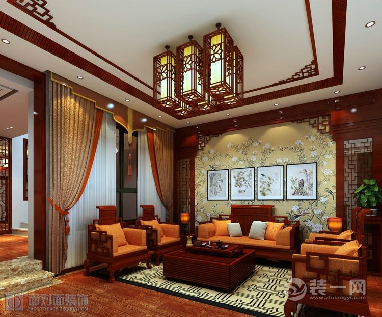 武汉福星惠誉东澜岸别墅大户型230平中式装修风格 客厅2