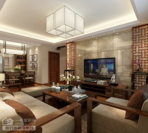 武汉橡树湾98平三居室新中式效果图客厅沙发