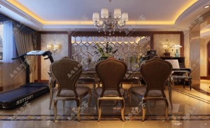 美丽的吊式水晶灯绽放出耀眼夺目的光芒 展现出华丽尊贵的气质 餐桌餐椅的色泽与整体空间十分搭配 一旁的