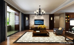 石家庄业之峰保利拉菲128平三室一厅新中式风格效果图