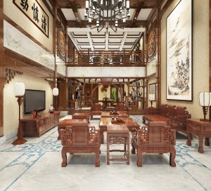 东营泰和公馆800㎡别墅新中式风格装修效果图客厅