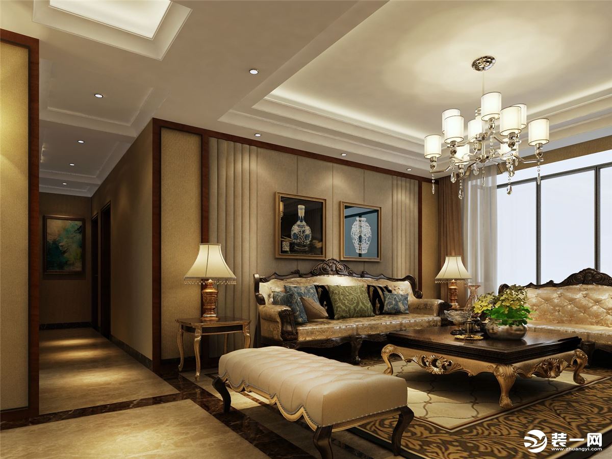 三江国际美式风格别墅客厅及过道装修效果图