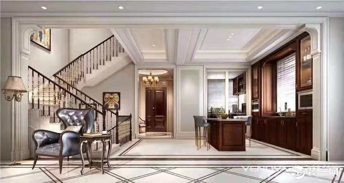 【重庆业之峰装饰】法式轻奢风格别墅客厅效果图，楼梯效果图