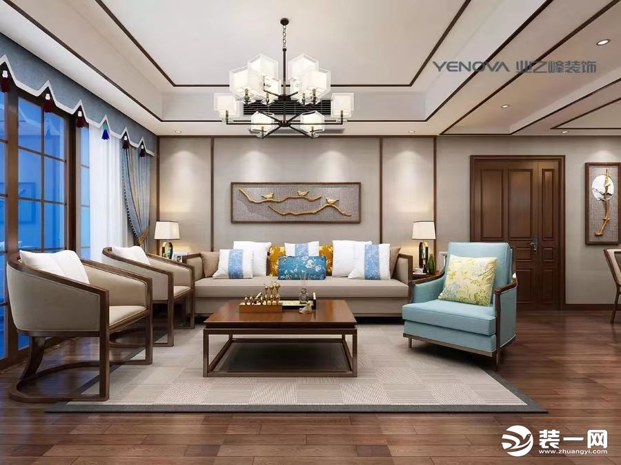 【业之峰装饰】中式情怀120平 客厅效果图 沙发背景造型