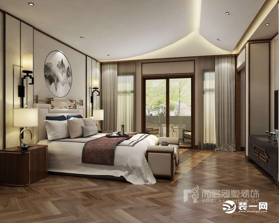 御汤山新中式风格560㎡别墅装修效果图卧室