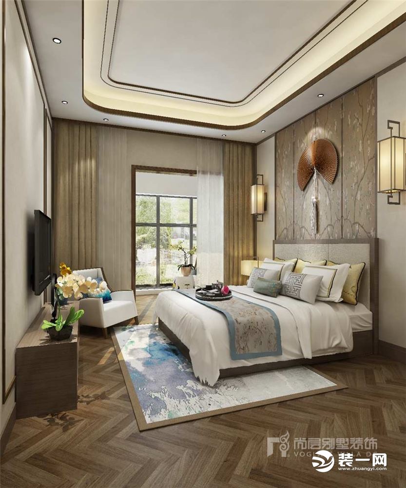 御汤山新中式风格560㎡别墅装修效果图卧室