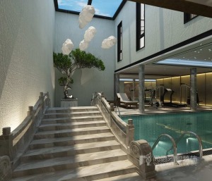 棕榈滩新中式风格1500㎡别墅装修效果图游泳池