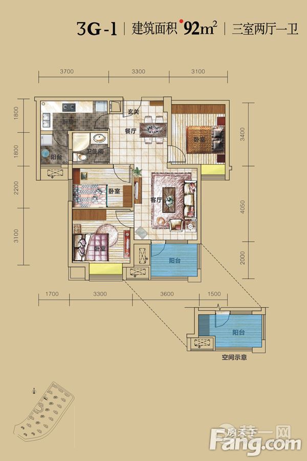 3室2厅1厨1卫92平方