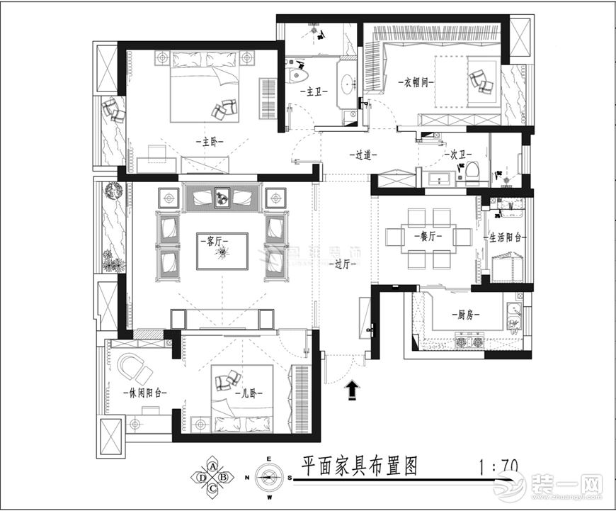鲁班装饰-伟业公馆-三居室144㎡-中式风格-户型图