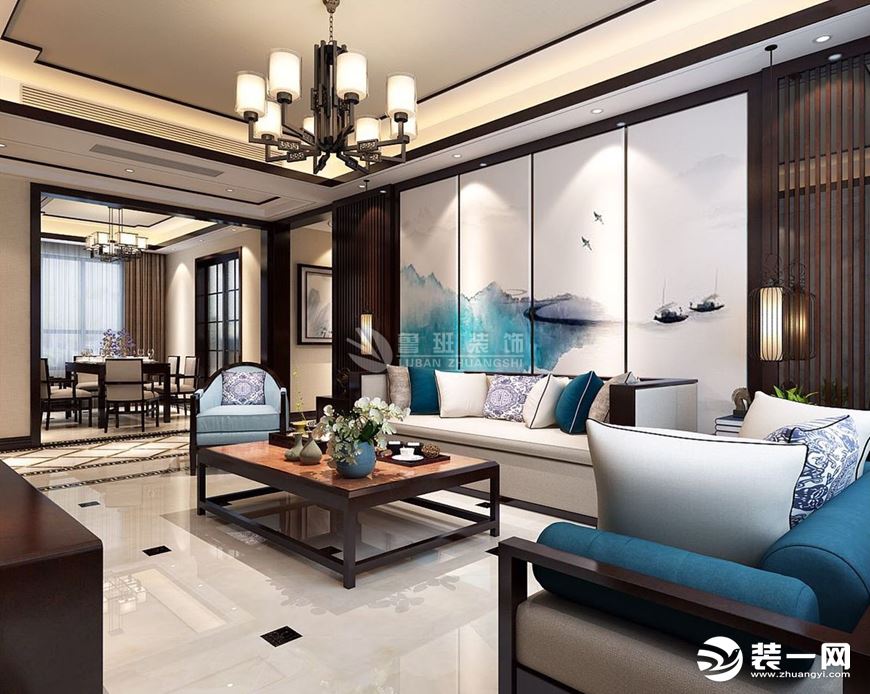 鲁班装饰和众城阅140平米新中式风格装修效果图客厅沙发背景墙
