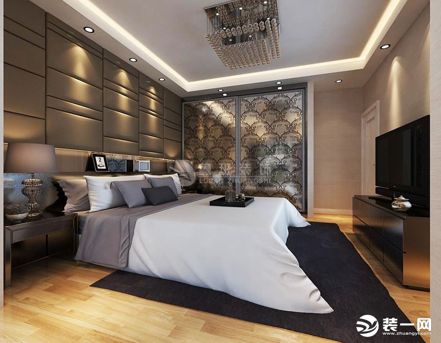 鲁班装饰旭景新港116平米后现代风格装修效果图卧室床头背景