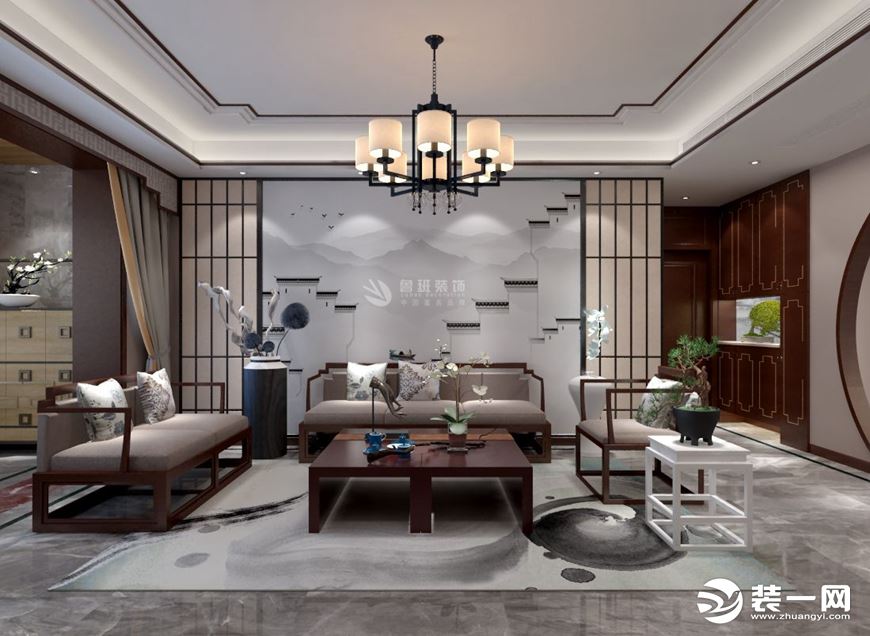 鲁班装饰万达天樾150平米中式风格装修效果图客厅沙发背景