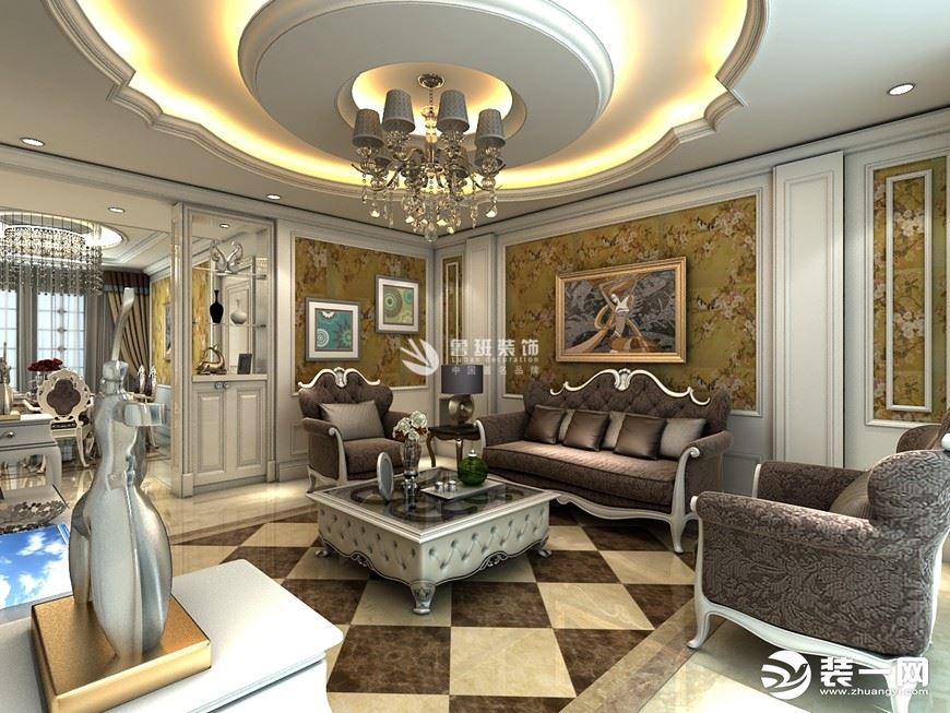 鲁班装饰天朗大兴郡三居室144平米欧式风格设计效果图客厅沙发背景