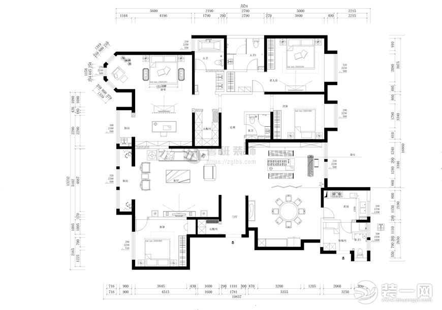 【鲁班装饰】紫薇意境180平四居室新中式风格设计案例户型图
