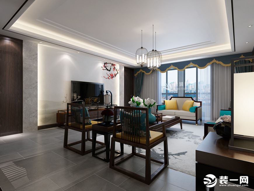 【鲁班装饰】紫薇意境180平四居室新中式风格设计案例客厅