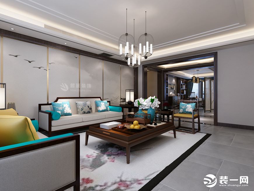 【鲁班装饰】紫薇意境180平四居室新中式风格设计案例客厅沙发背景