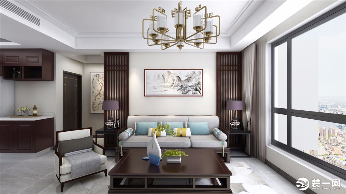 【鲁班装饰】龙腾万都汇-三居室115平米-新中式风格装修效果图沙发背景