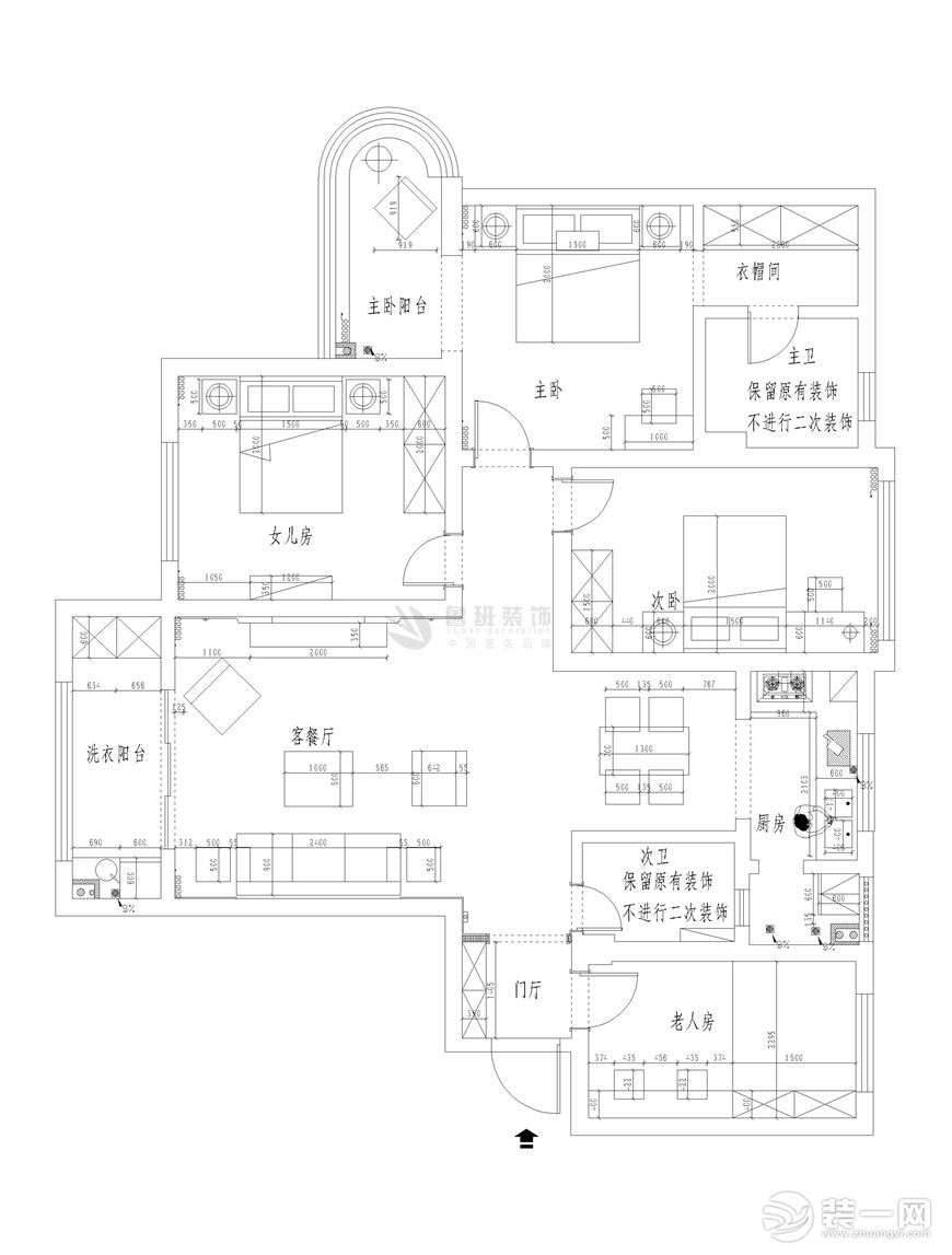 【鲁班装饰】御锦城四居室148平米新中式风格装修效果图户型图