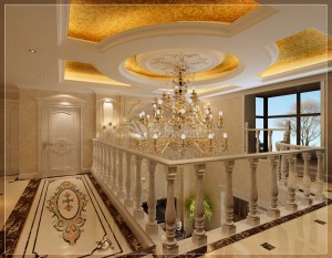 鲁班装饰自建房三层400平米欧式风格效果图二楼楼梯过道