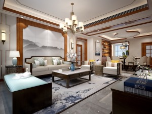 【鲁班装饰】湖城大境天字一号-三居室155m2-新中式风格客厅沙发背景