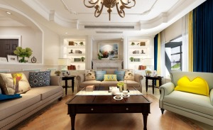 鲁班装饰天朗蓝湖树-四居室190平米-简美风格客厅