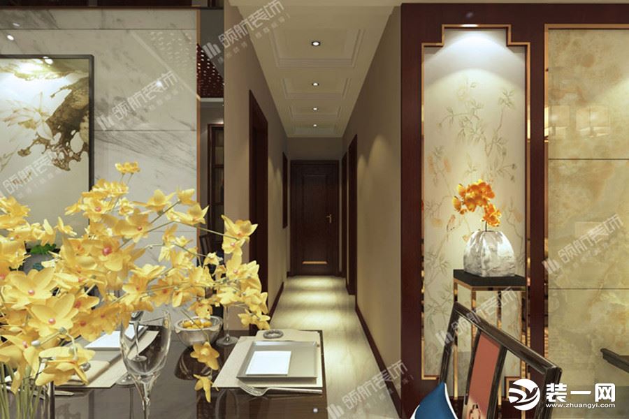 【领航装饰】徐州绿地商务城117平方户型新中式风格三居室走廊装修效果图