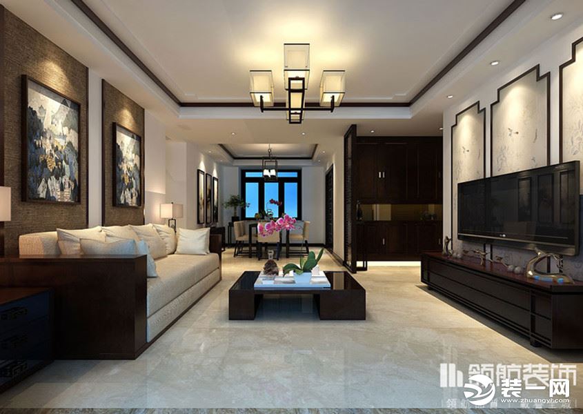 【领航装饰】徐州雍景新城 140平米户型新中式风格三居室客厅装修效果图