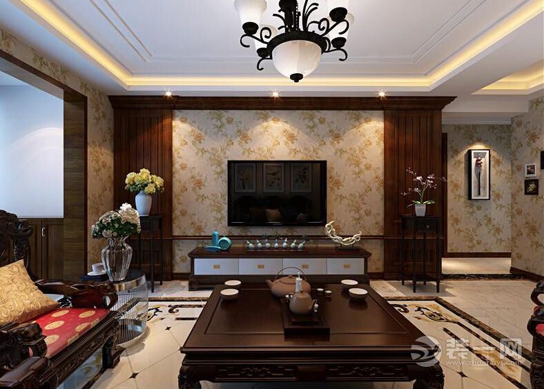 淮矿馥邦蓝海 133平 三居室 造价18万 中式客厅装修效果图