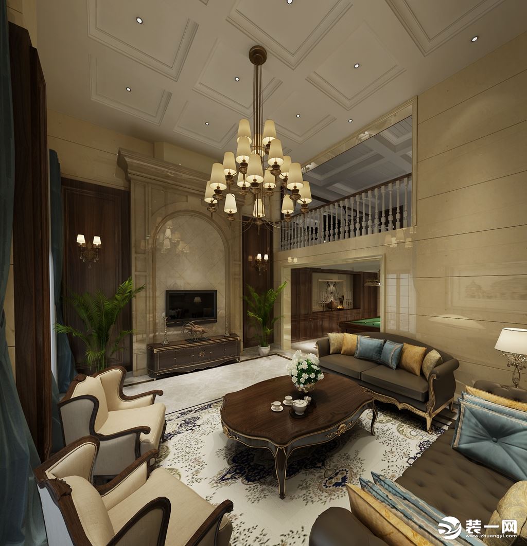 长沙速美超级家 北大资源570㎡ 别墅 美式风格 造价200万 客厅