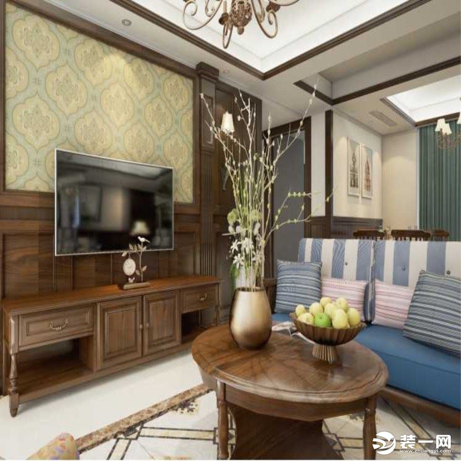 客厅整体布置都是经典的美式田园风，以舒适实用为主导回归到大自然的感觉，稳重的家具有着岁月沧桑的气息。