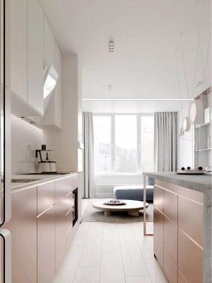 另一侧的客厅是设计的重中之重， 它与厨房处于同一个开放式空间中。