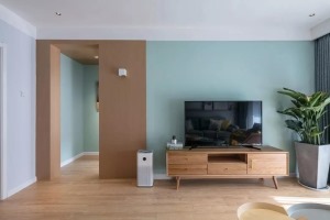  电视墙木色+淡蓝色的乳胶漆，搭配电视柜与一旁的绿植，显得格外的自然清新。