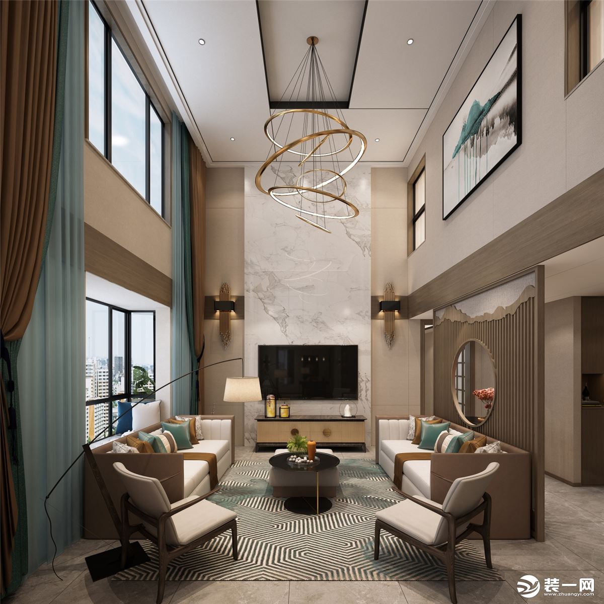 华侨城天鹅湖500㎡别墅新中式客厅装修效果图