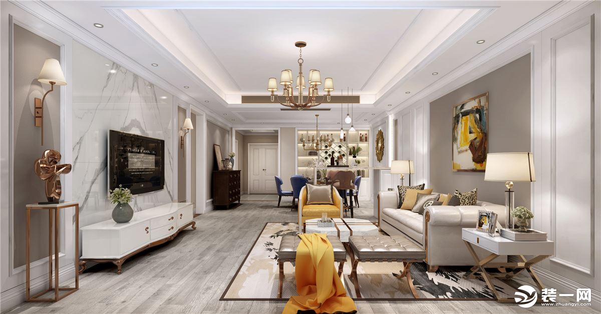 富力爱丁堡国际公寓189平三居室现代美式客厅软装设计案例