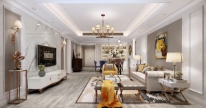 富力爱丁堡国际公寓189平三居室现代美式客厅软装设计案例