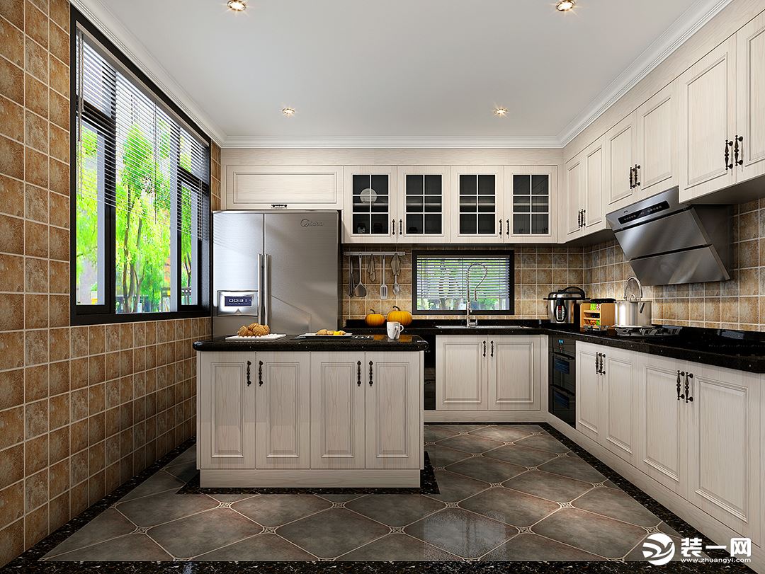 厨房黑白色调以咖色的墙砖、地砖过渡，体现优雅和稳重。岛台设计具有装饰性、收纳性、实用性。