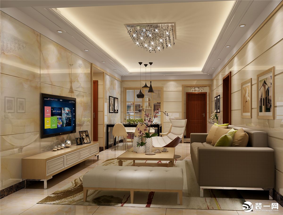 客厅采用暖色配色方案，柔和的阴影在家具和窗帘中四处飞溅，展示着现代时尚饰品。大面积天花长方形打底贯通