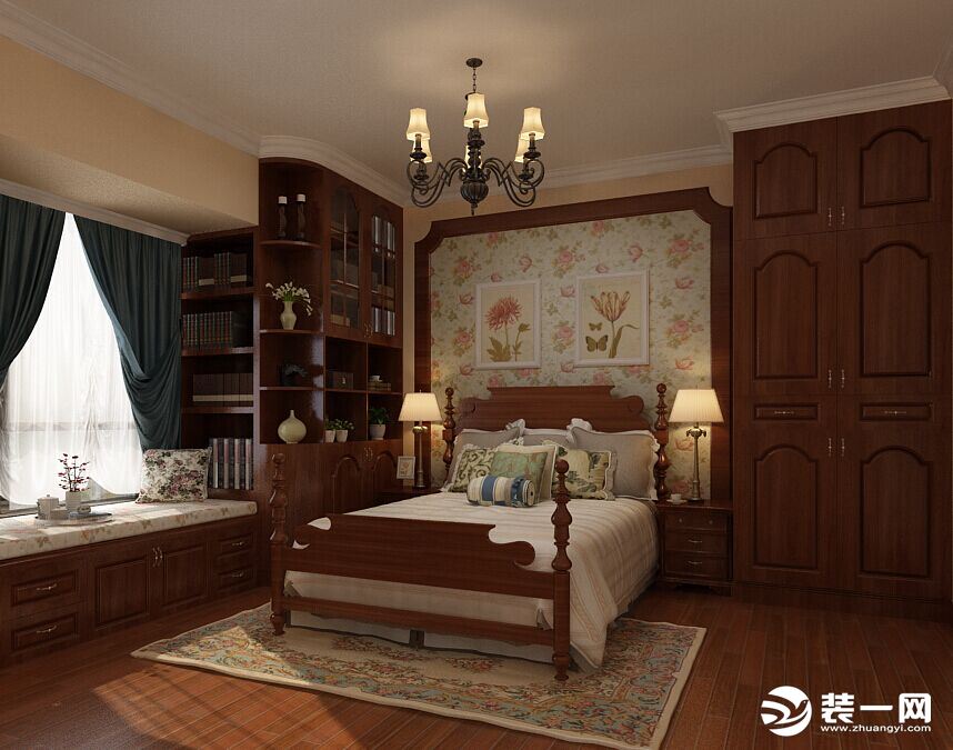 主卧为中式风设计，实木家具和书柜装饰凸出了空间的优雅和沉稳。