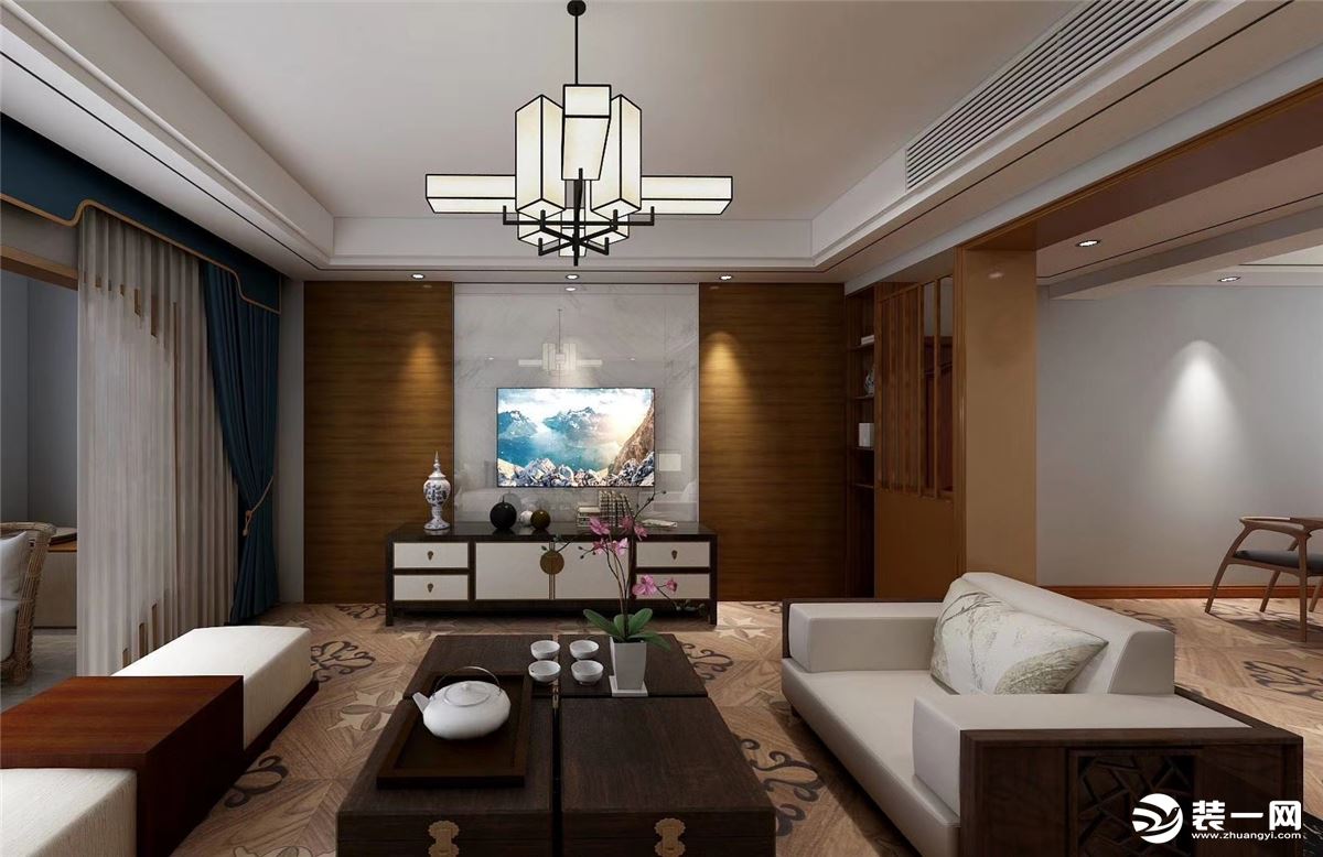 客厅黑白灰温文尔雅的形象中，结合实木色家具，提升空间的温润感。电视机采用大理石背景墙，大理石两侧是实