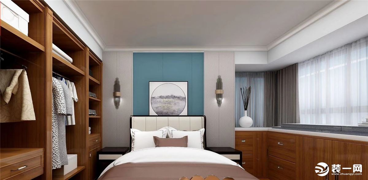 次卧以优雅的纯白色调和实木家具营造安静格调。床边柜上方的暖色光壁灯为卧室增添了一分精致。在实木柜之上